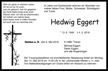 Traueranzeige von Hedwig Eggert von Hohenzollerische Zeitung