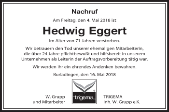 Traueranzeige von Hedwig Eggert von Hohenzollerische Zeitung