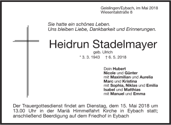 Traueranzeige von Heidrun Stadelmayer von Geislinger Zeitung