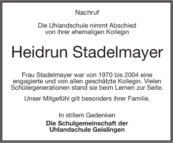 Traueranzeige von Heidrun Stadelmayer von Geislinger Zeitung