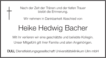 Traueranzeige von Heike Hedwig Bacher von SÜDWEST PRESSE Ausgabe Ulm/Neu-Ulm