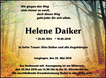 Traueranzeige von Helene Daiker von Hohenzollerische Zeitung