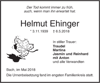 Traueranzeige von Helmut Ehinger von SÜDWEST PRESSE Ausgabe Ulm/Neu-Ulm