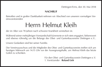 Traueranzeige von Helmut Kleih von Metzinger-Uracher Volksblatt