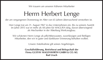 Traueranzeige von Herbert Lenge von Metzinger-Uracher Volksblatt