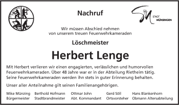 Traueranzeige von Herbert Lenge von Alb-Bote