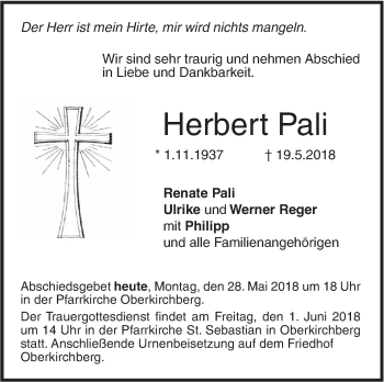 Traueranzeige von Herbert Pali von SÜDWEST PRESSE Ausgabe Ulm/Neu-Ulm