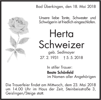 Traueranzeige von Herta Schweizer von Geislinger Zeitung