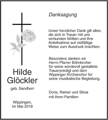 Traueranzeige von Hilde Glöckler von SÜDWEST PRESSE Ausgabe Ulm/Neu-Ulm