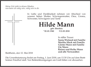 Traueranzeige von Hilde Mann von Hohenloher Tagblatt