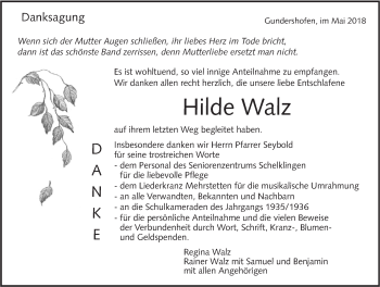 Traueranzeige von Hilde Walz von Alb-Bote/Metzinger-Uracher Volksblatt