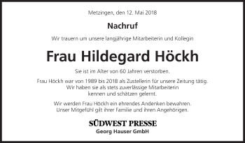 Traueranzeige von Hildegard Höckh von Metzinger-Uracher Volksblatt