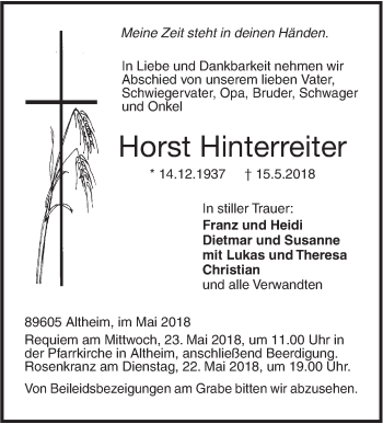 Traueranzeige von Horst Hinterreiter von Ehinger Tagblatt