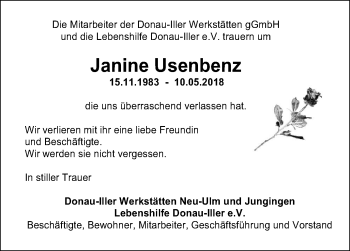 Traueranzeige von Janine Usenbenz von SÜDWEST PRESSE Ausgabe Ulm/Neu-Ulm