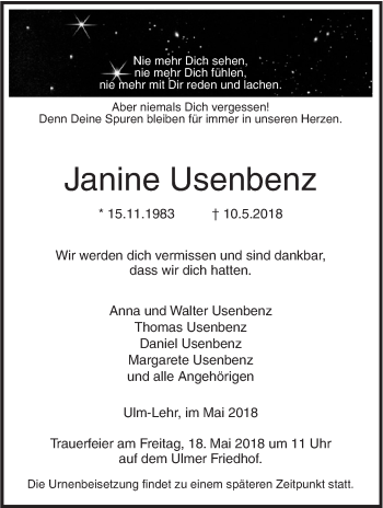 Traueranzeige von Janine Usenbenz von SÜDWEST PRESSE Ausgabe Ulm/Neu-Ulm