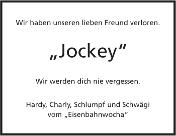 Traueranzeige von Jockey  von Hohenloher Tagblatt