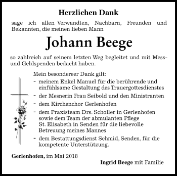 Traueranzeige von Johann Beege von SÜDWEST PRESSE Ausgabe Ulm/Neu-Ulm