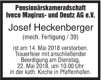 Traueranzeige von Josef Heckenberger von SÜDWEST PRESSE Ausgabe Ulm/Neu-Ulm