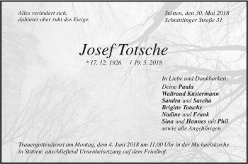 Traueranzeige von Josef Totsche von Geislinger Zeitung