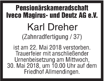 Traueranzeige von Karl Dreher von SÜDWEST PRESSE Ausgabe Ulm/Neu-Ulm