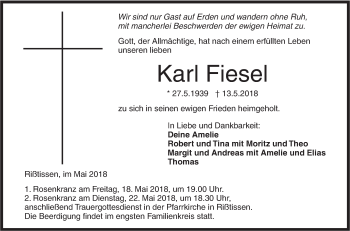 Traueranzeige von Karl Fiesel von Ehinger Tagblatt