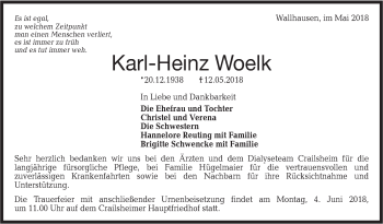 Traueranzeige von Karl-Heinz Woelk von Hohenloher Tagblatt