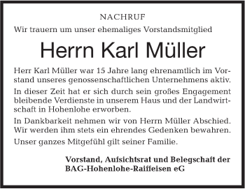 Traueranzeige von Karl Müller von Haller Tagblatt