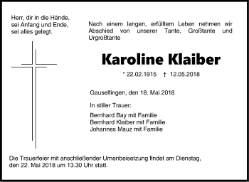 Traueranzeige von Karoline Klaiber von Hohenzollerische Zeitung