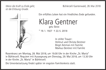 Traueranzeige von Klara Gentner von Haller Tagblatt