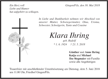 Traueranzeige von Klara Ihring von Geislinger Zeitung