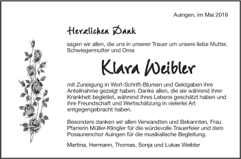 Traueranzeige von Klara Weibler von Metzinger-Uracher Volksblatt