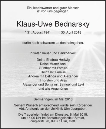 Traueranzeige von Klaus-Uwe Bednarsky von SÜDWEST PRESSE Ausgabe Ulm/Neu-Ulm