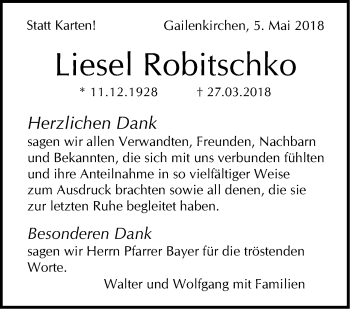 Traueranzeige von Liesel Robitschko von Haller Tagblatt