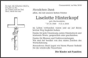 Traueranzeige von Lieselotte Hinterkopf von Hohenloher Tagblatt