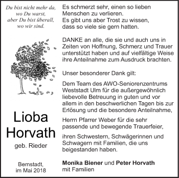 Traueranzeige von Lioba Horvath von SÜDWEST PRESSE Ausgabe Ulm/Neu-Ulm