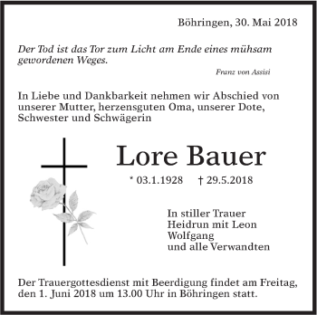 Traueranzeige von Lore Bauer von Metzinger-Uracher Volksblatt