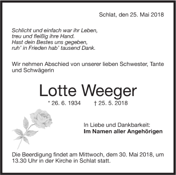 Traueranzeige von Lotte Weeger von NWZ Neue Württembergische Zeitung