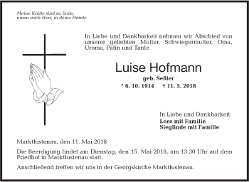 Traueranzeige von Luise Hoffmann von Hohenloher Tagblatt