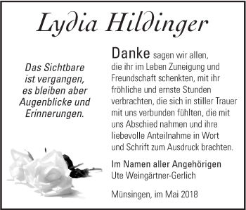 Traueranzeige von Lydia Hitdinger von Alb-Bote/Metzinger-Uracher Volksblatt