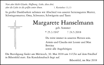 Traueranzeige von Margarete Hanselmann von Haller Tagblatt