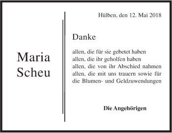 Traueranzeige von Maria Scheu von Metzinger-Uracher Volksblatt