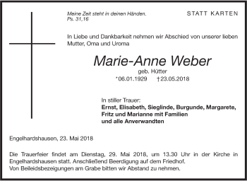 Traueranzeige von Marie-Anne Weber von Hohenloher Tagblatt