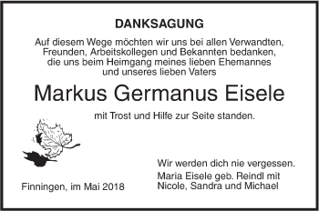 Traueranzeige von Markus Germanus Eisele von SÜDWEST PRESSE Ausgabe Ulm/Neu-Ulm