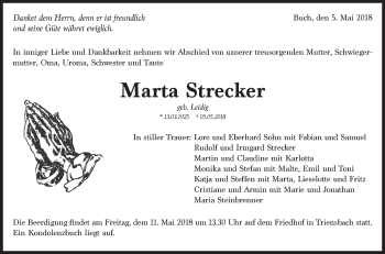 Traueranzeige von Marta Strecker von Hohenloher Tagblatt