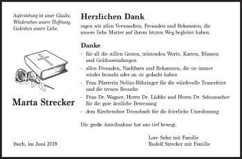 Traueranzeige von Marta Strecker von Hohenloher Tagblatt