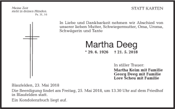 Traueranzeige von Martha Deeg von Hohenloher Tagblatt