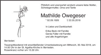 Traueranzeige von Mathilde Owegeser von Illertal Bote