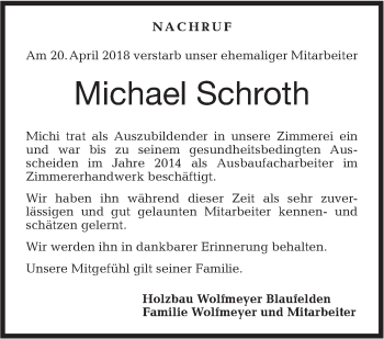 Traueranzeige von Michael Schroth von Hohenloher Tagblatt