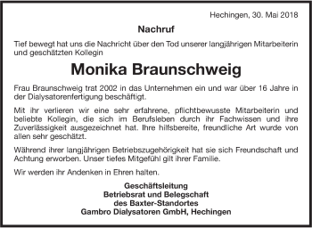 Traueranzeige von Monika Braunschweig von Hohenzollerische Zeitung