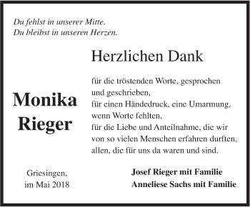 Traueranzeige von Monika Rieger von Ehinger Tagblatt